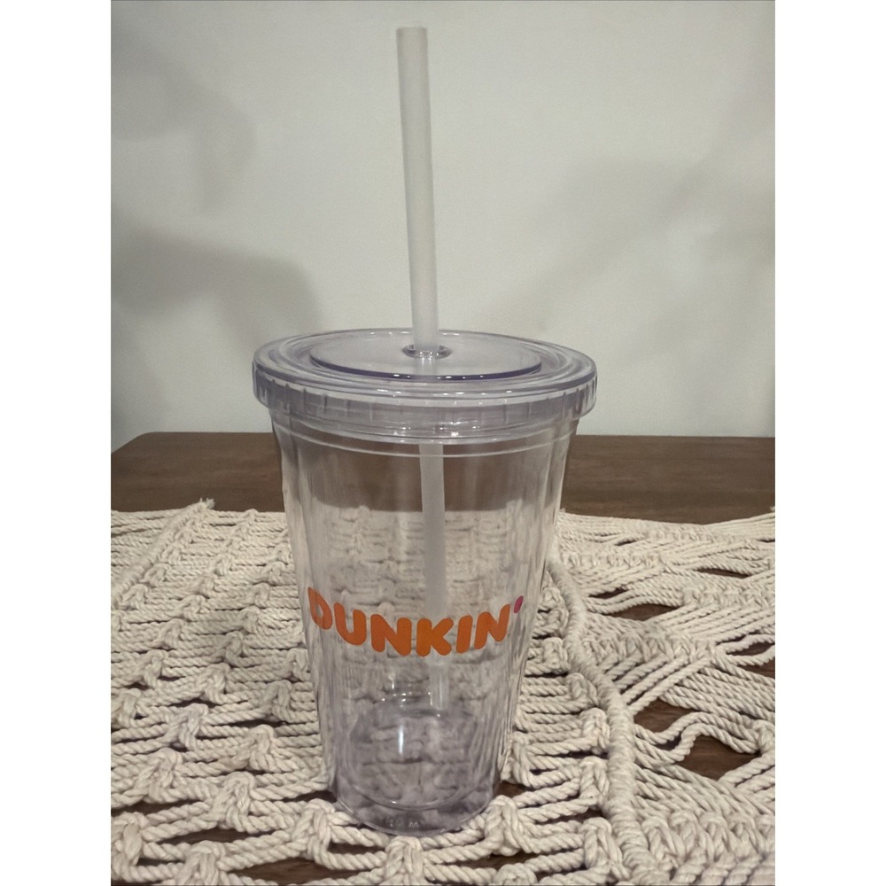 Dunkin' Donuts Acrylic Cold Cup Tumbler 16 oz Clear Lid & Straw